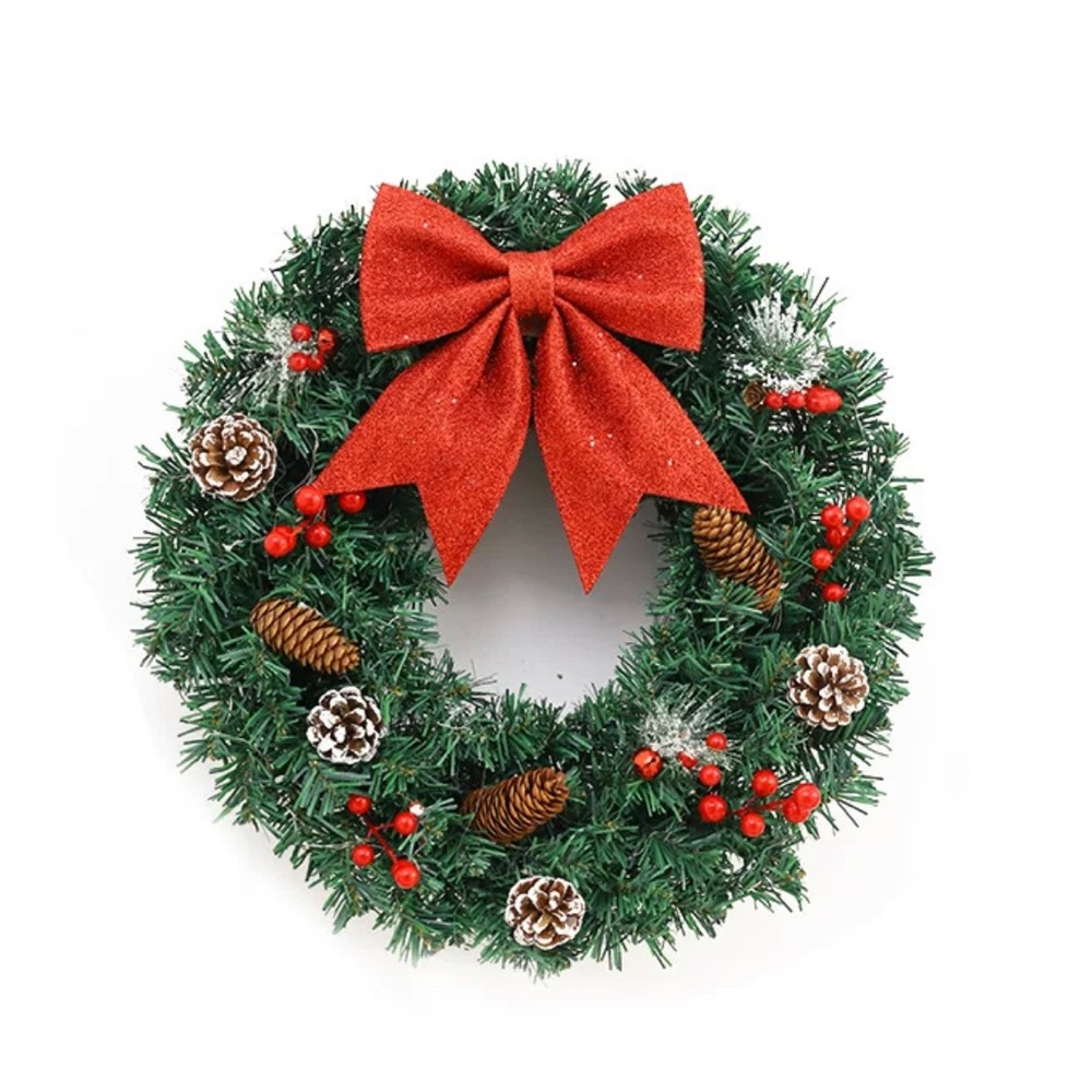New Christmas Wreath for Door with Pine Cones Berry Spruce Red Ribbon Bow 50cm